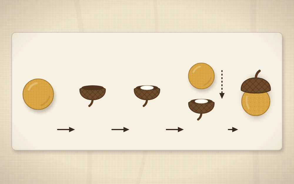 A row showing the steps of a felt acorn: a felt ball, an empty acorn cap, a dot of glue in the cap and the finished acorn