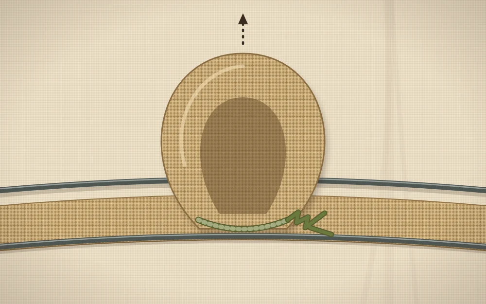 A close view of one burlap loop being pulled up between two wires of the frame and held with a twisted stem