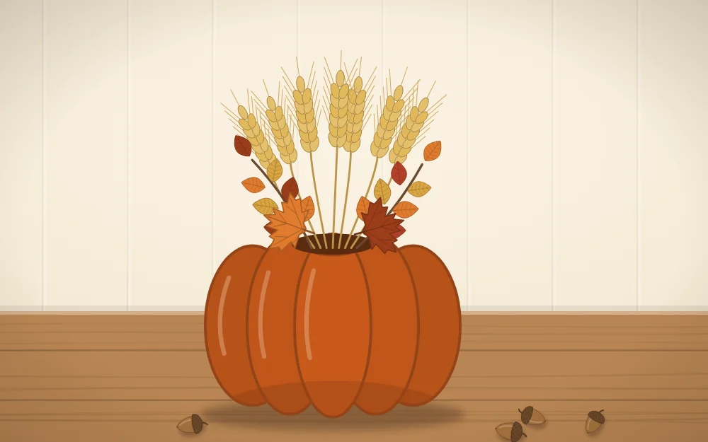 A pumpkin used as a vase holding wheat stems and autumn leaves, with a few acorns scattered at its base