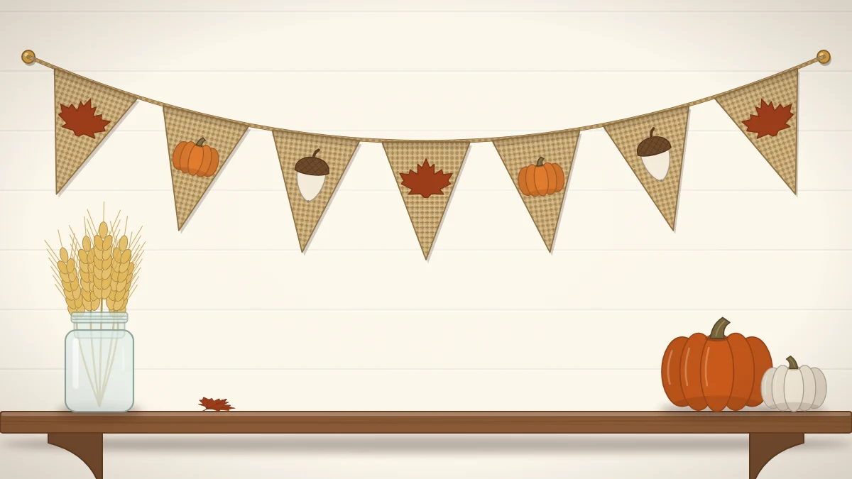 A banner of seven burlap pennant flags on twine, each with a simple painted leaf, pumpkin or acorn shape