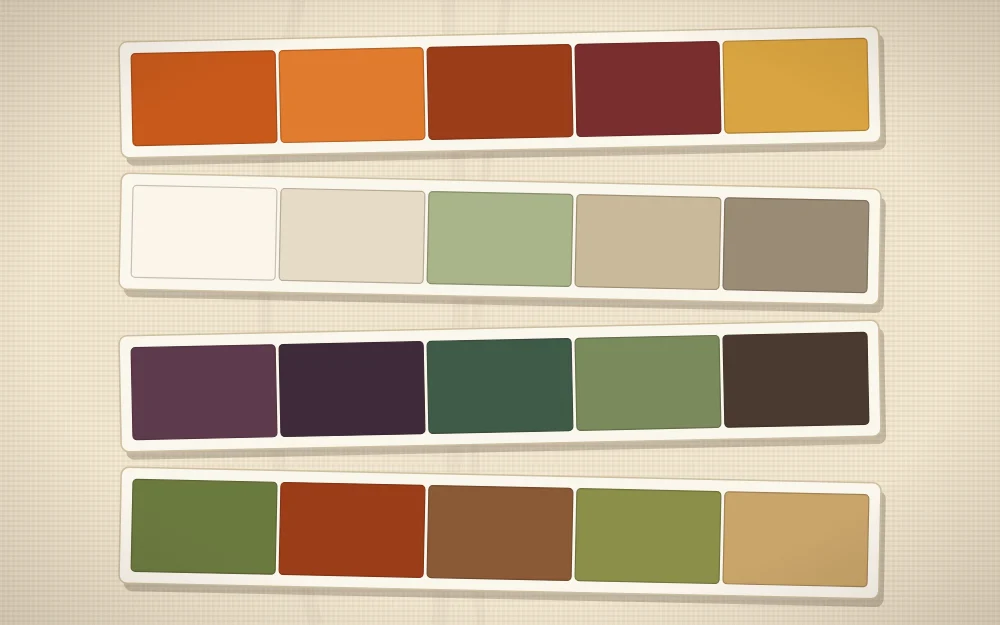 Four stacked palette strips in harvest orange, neutral cream and sage, moody plum and woodland olive
