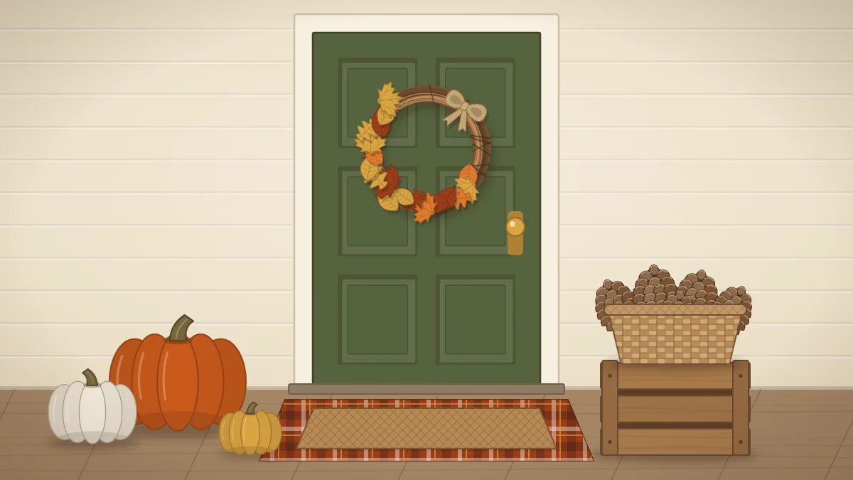 A front door with a fall wreath, pumpkins in three sizes on one side, a wooden crate with a basket of pinecones and a layered doormat