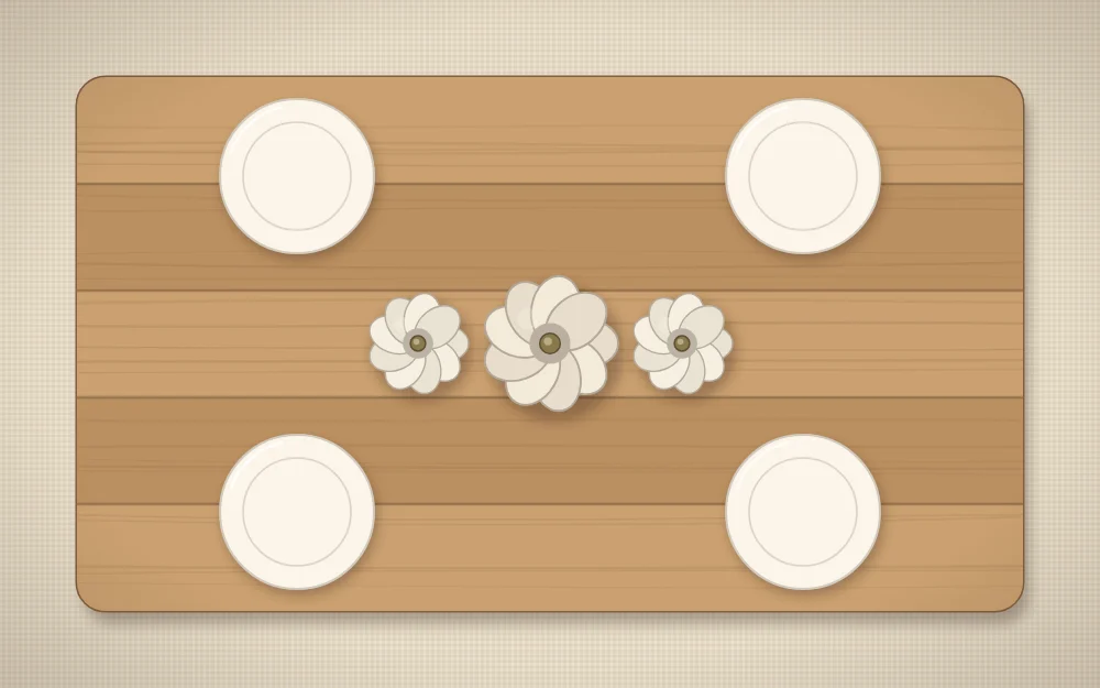 A modern minimal table with a bare wood surface, three white pumpkins in a line and plain cream plates