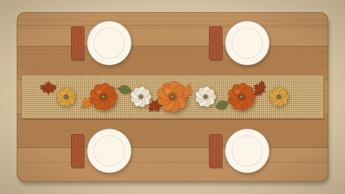 A dining table from above with a runner, a line of pumpkins and leaves down the center and four place settings with rust napkins