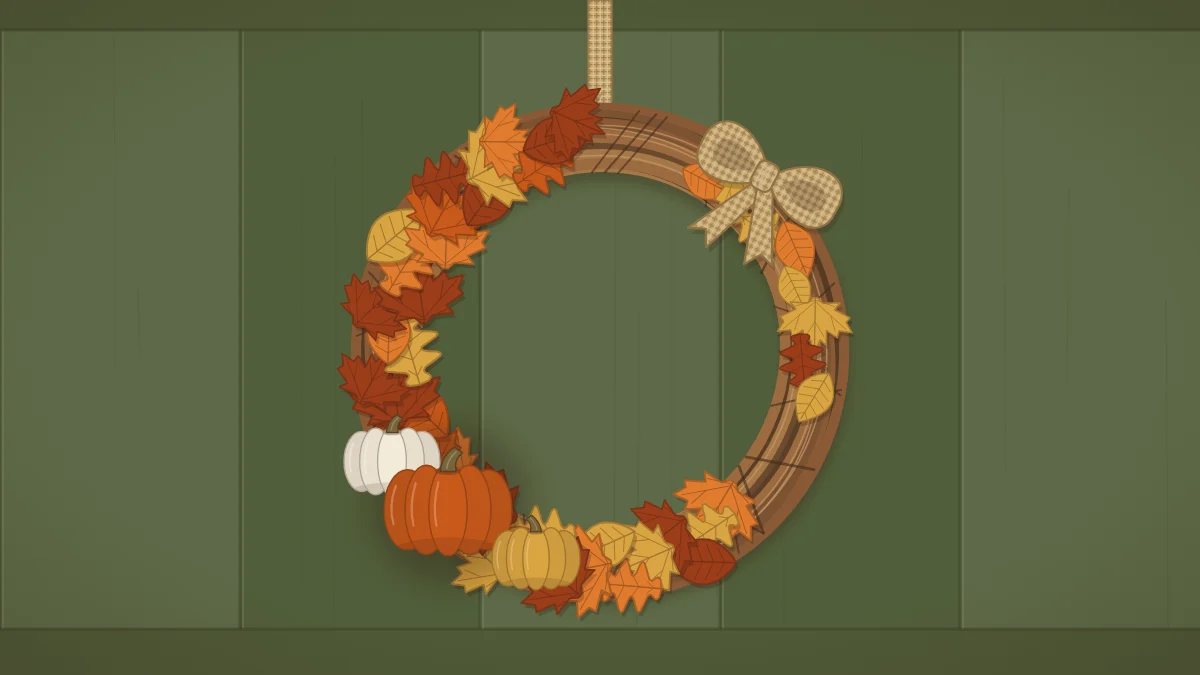 A finished grapevine wreath with orange and rust leaves, three small pumpkins at the lower left and a burlap bow, hanging on a door