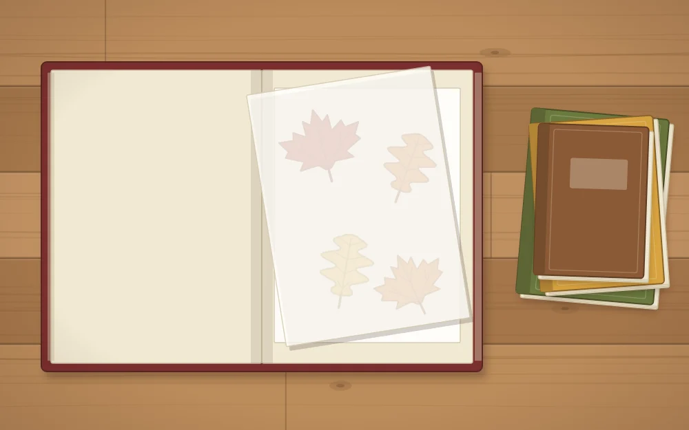 Leaves laid flat between two sheets of paper inside an open book with more books stacked beside it