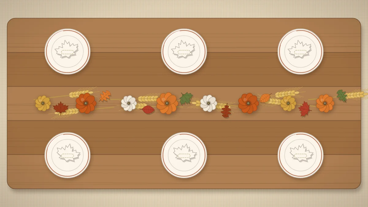 A long holiday table with a narrow line of small pumpkins, leaves and wheat down the center and leaf-shaped blank place cards on the plates