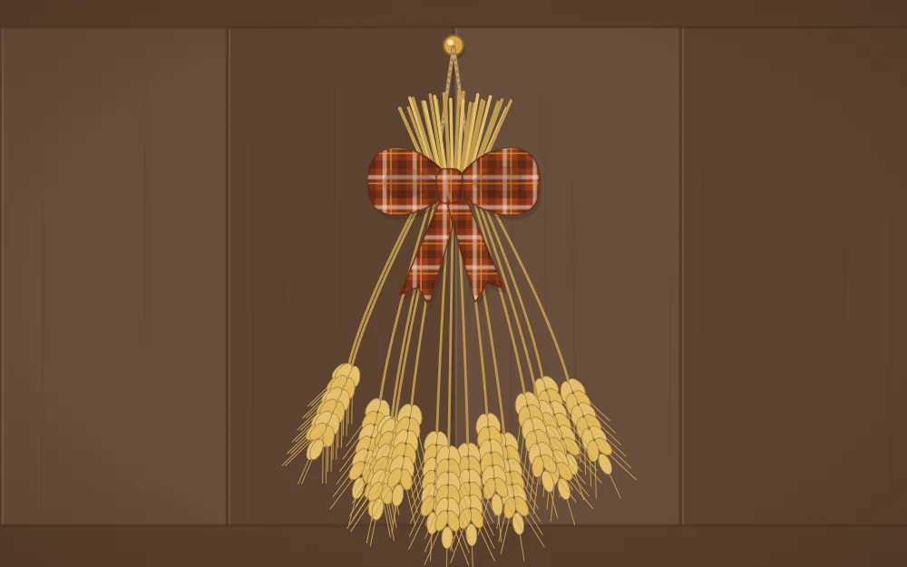 A flat bundle of wheat stems tied with a plaid bow, hanging stems-up on a door